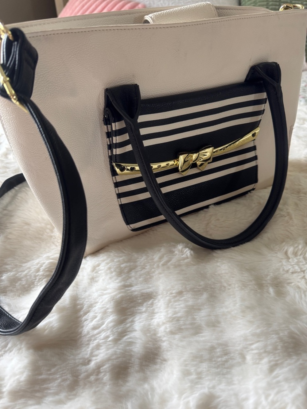 Betsy Johnson Cream and Black Striped Tote with Gold Bow Accent